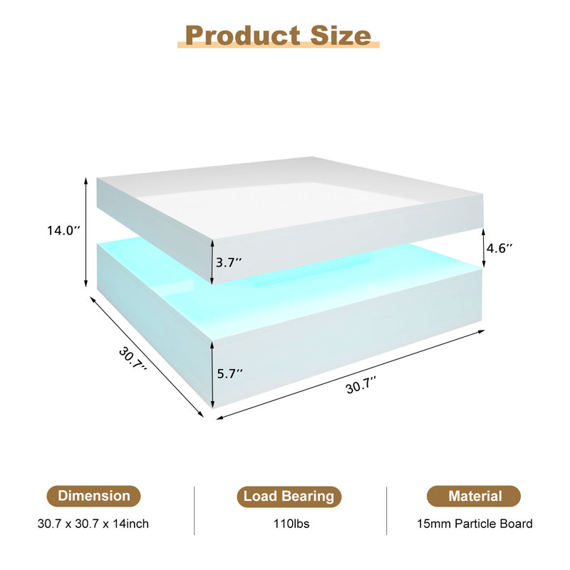 Emilly Coffee Table, Glossy White, 13.7" H x 30.7" L x 30.7" W