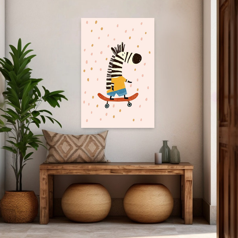Skateboarding Zebra Fun Playful Whimsical Contemporary Zebra Wall Art Print 1 Piece Wrapped Canvas Wall Art