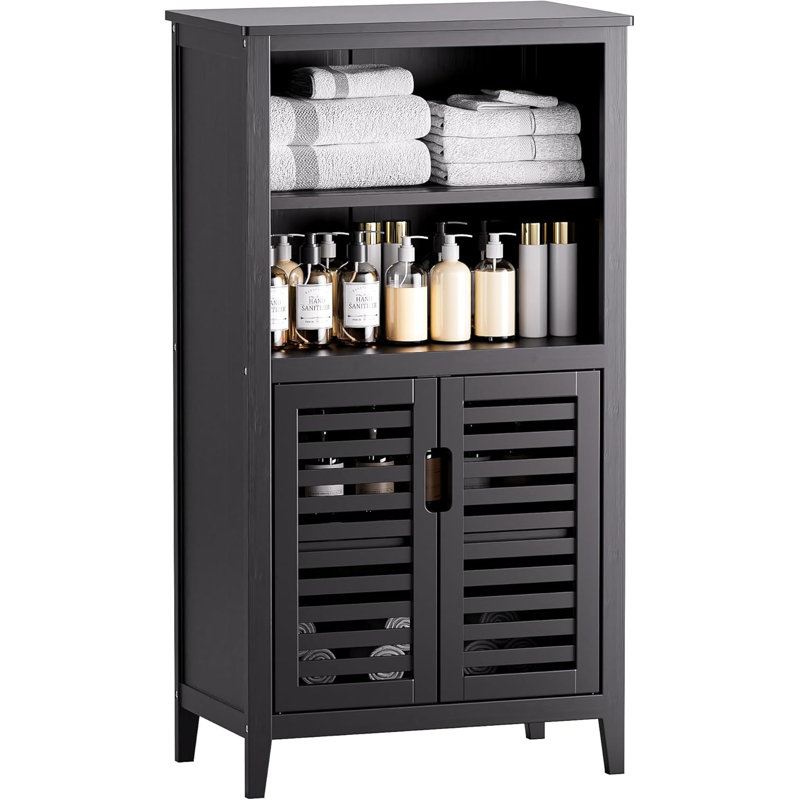 Armoire de rangement de salle de bain noire, armoire de plancher autoportante en bambou à 5 niveaux
