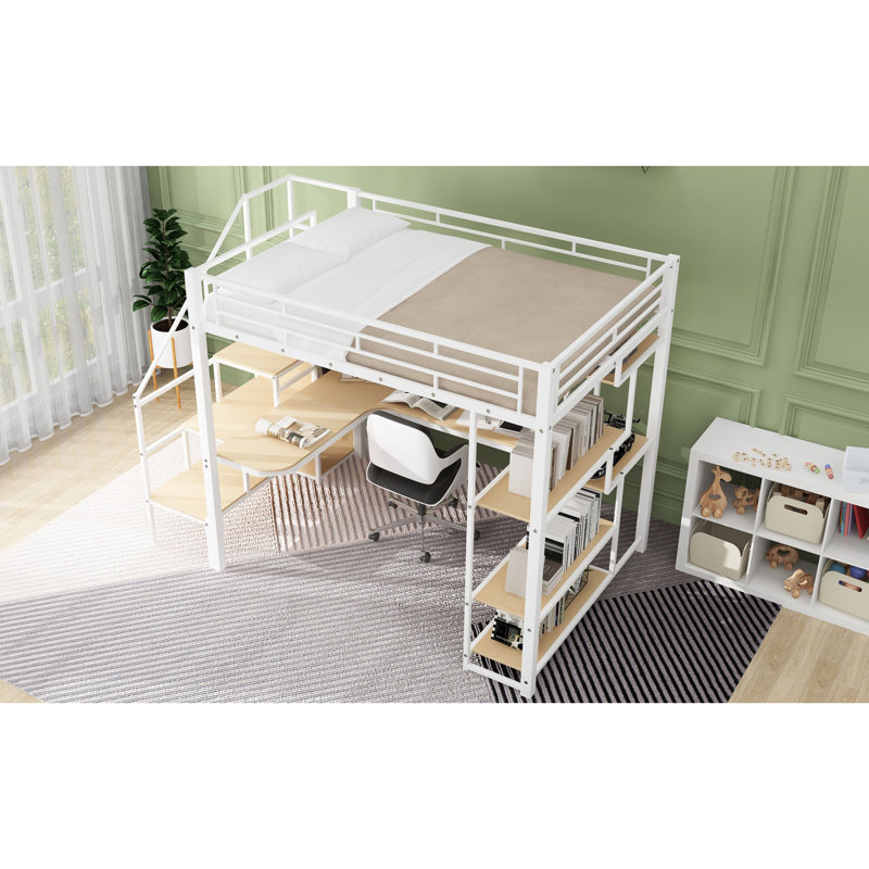 Lit mezzanine blanc avec rangement intégré, bureau et structure en métal pleine grandeur, style rangement