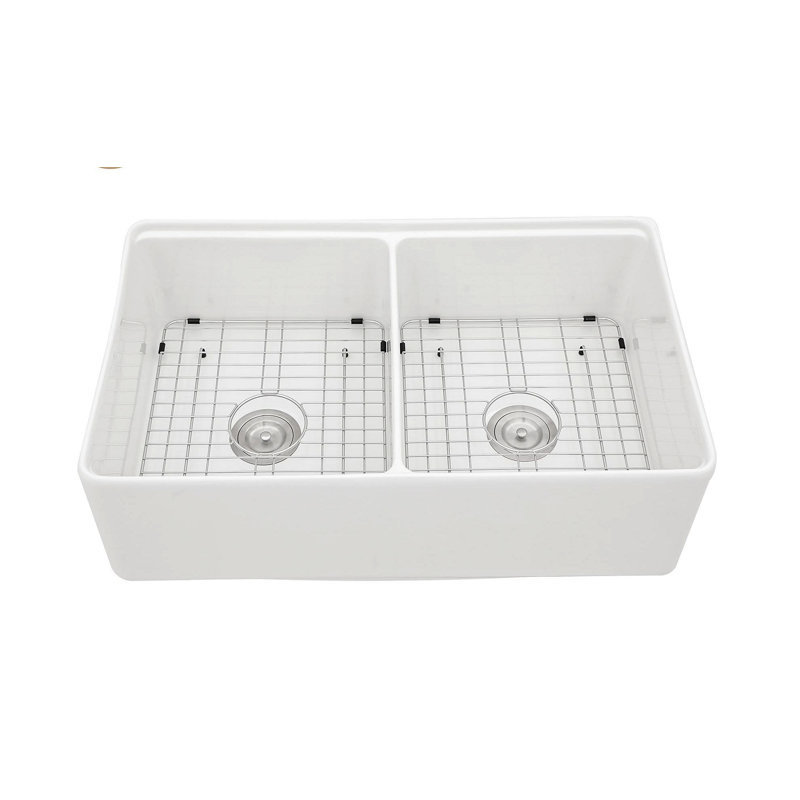 White Farmhouse Sink Workstation - 33 Inch White Ceramic Double Bowl Farm Kitchen Sink
