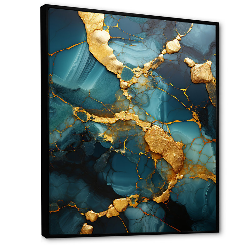 Agate topaze dorée et verte granite IV, H 40 po x l 30 po x P 1,5 po, Cadre flottant noir
