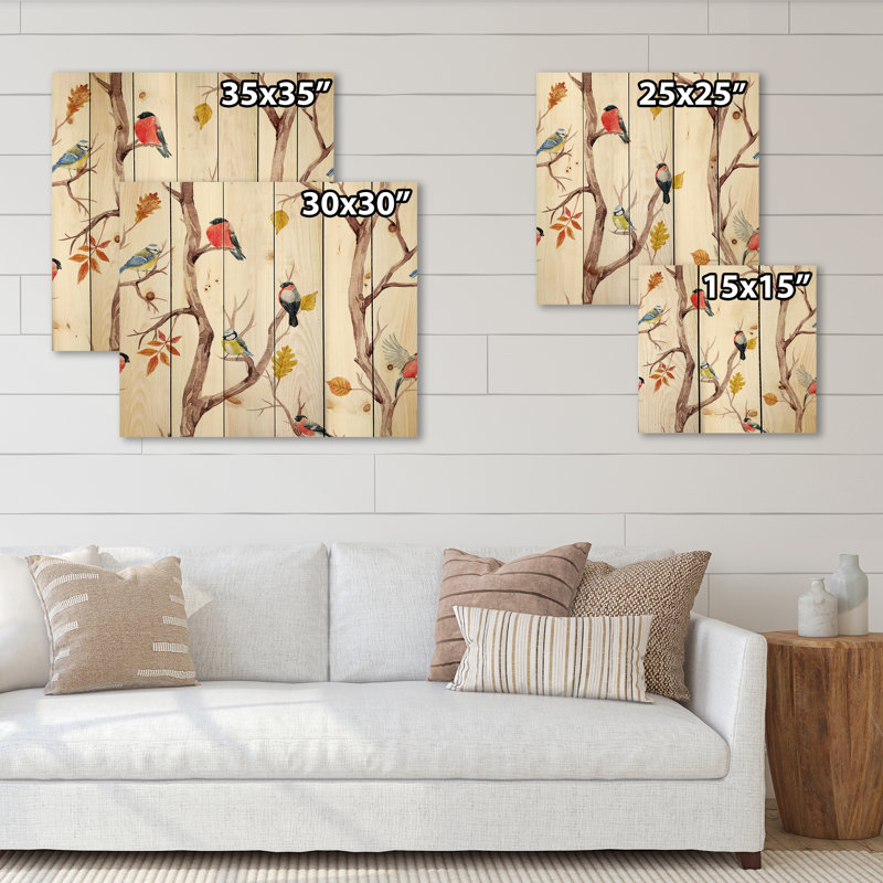 Arbres d'automne et petits oiseaux - Impression traditionnelle sur bois de pin naturel, H 30 po x l 30 po x P 0,78 po