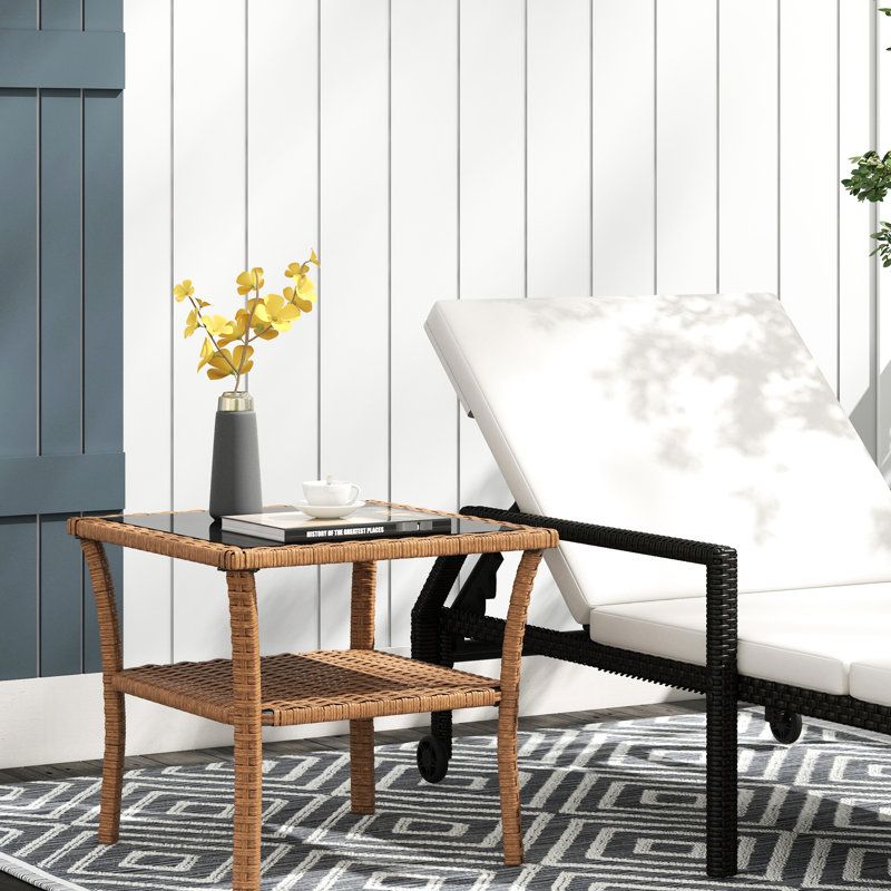 Table de bout d'extérieur avec 2 rangements et verre trempé, cadre en aluminium Polyvalent, Noir et brun