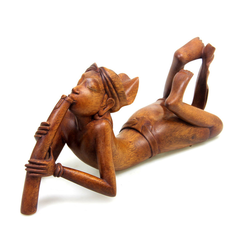 Statue de joueur de flûte balinaise en bois sculptée à la main Kahle