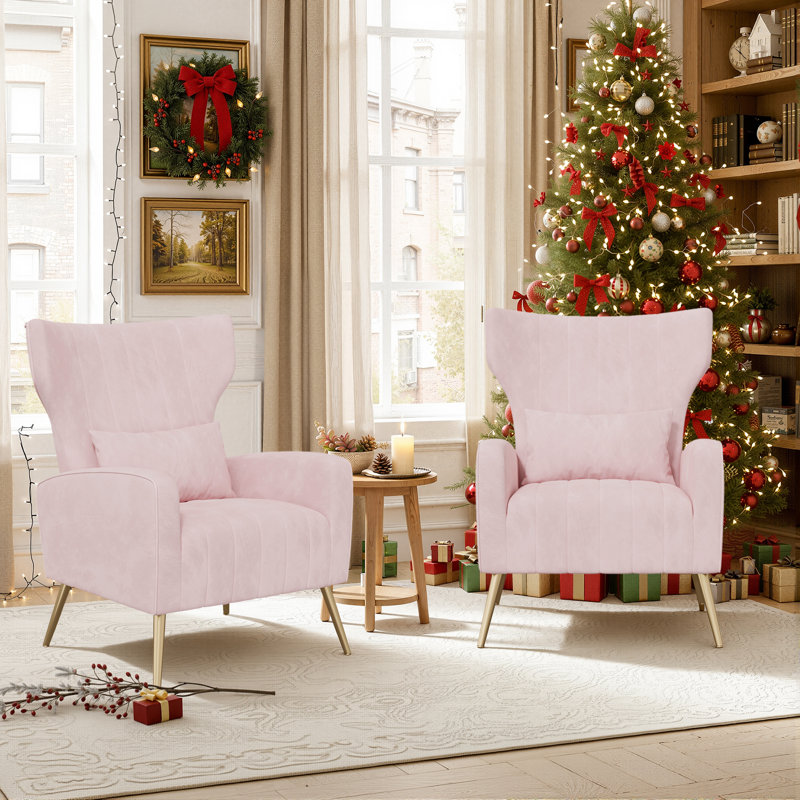 Velvet Wingback Chair, Pink;2 Chairs Set