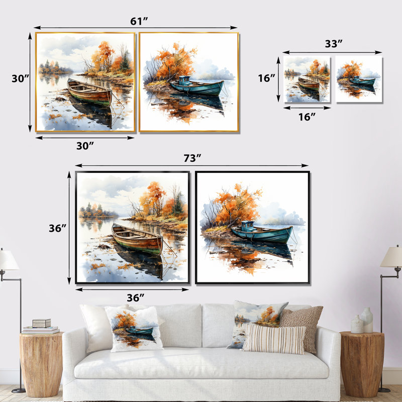Canot d'automne au bord du lac «Autumn Tranquility» - ensemble de 2 décorations de pêche en bateau, Encadrement brun