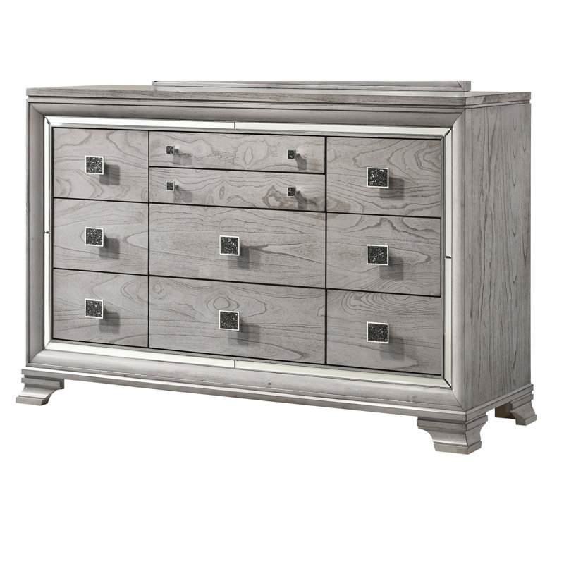 Fieldale 66' Beaded Wooden Frame Dresser with 10 Drawers, Gray and Silver