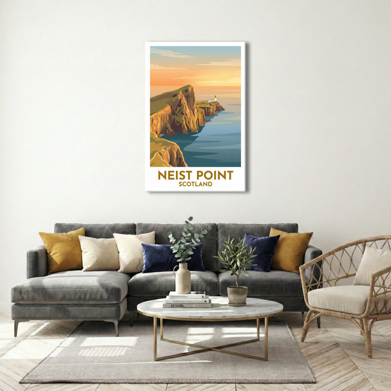 Neist Point, Scotland - Travel Poster of Rugged Cliffs and Lighthouse, Romantic Highland Sunset. Giclee Print on Wrapped Canvas. Wall Art, Home Decor - Natural Landmarks, Scotland 1 Piece Wrapped Canvas Wall Art