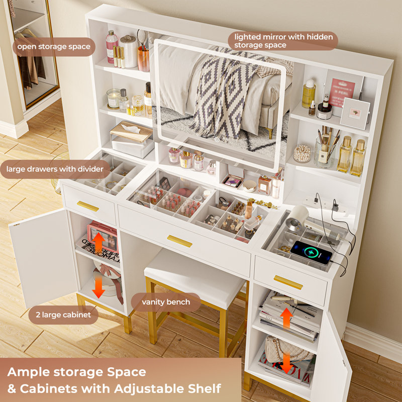 Mercer41 White 43.3''W Vanity Set with Touch Lighted Mirror Upholstered Stool Glass Top Drawers Dressing Table Built in Outlets