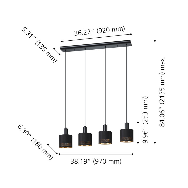 Luminaire suspendu noir à 4 lumières avec abat-jour en tissu noir Gateshead