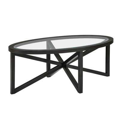 Table basse ronde en verre trempé et en bois avec une conception simple pour le salon - Bords de collision, base stable en usure de café en peuplier distinctif Mid-Century, plateau de table ovale