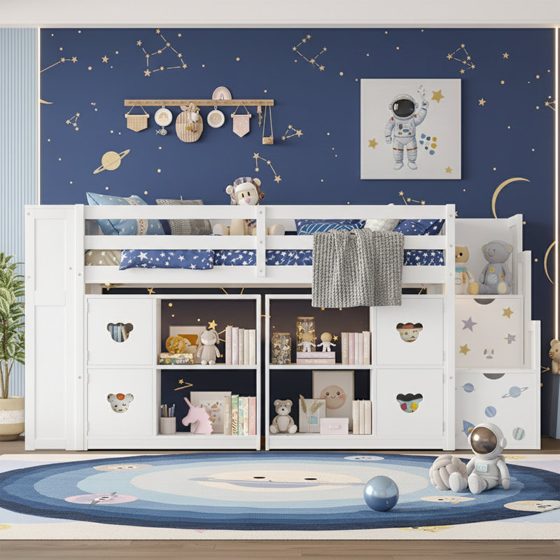  Lit mezzanine bas simple 44,5 po avec escalier de rangement - lit en bois naturel avec tête de lit à DEL et armoire intégrée - Lit pour enfant peu encombrant avec tiroirs - aucun sommier nécessaire