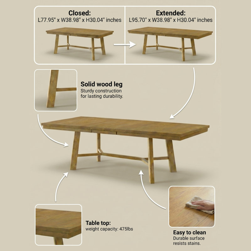  Alderon Modern Solid Wood Extendable Rectangular Dining Table, Light Wood