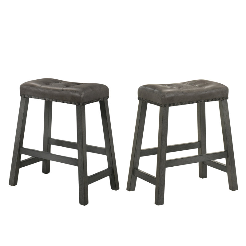 Ensemble de 2 tabourets de comptoir rustiques, tabourets de bar de ferme en bois sans dossier de 25 pouces avec siège en similicuir, finition patinée, conception peu encombrante