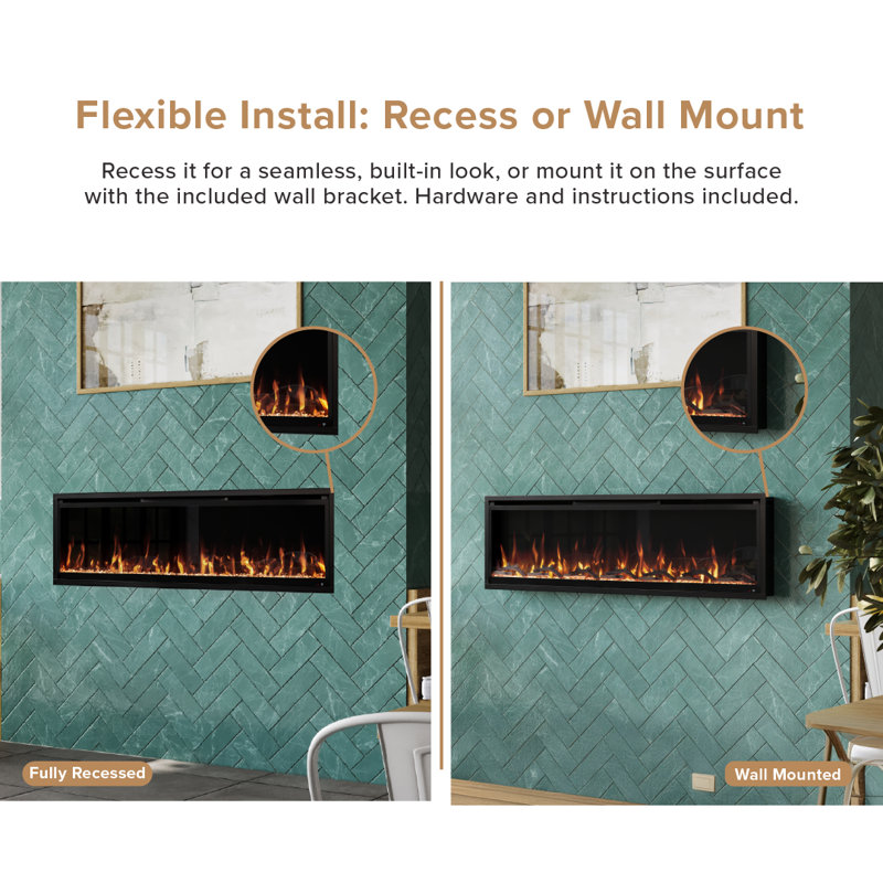Modern Ember Aerus Smart Linear Electric Fireplace - Recessed In-Wall And Wall-Mount, Multiple Flame Colors, Works With Alexa And Google Assistant