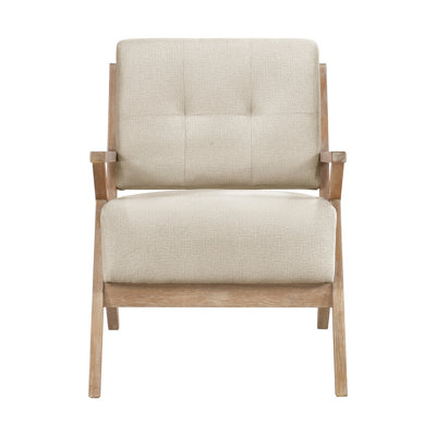 Rustic Living Room Chair, Sand Colored Upholstery, Solid Rubberwood Frame, 27.5" Depth Sand-Hued Accent Foam Padding, Rubberwood, Depth, Decor