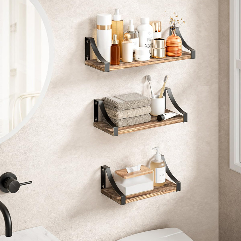 Floating Shelves Wall Mounted Shelf, Paulownia Wood Wall Shelves, Wooden Shelves Set of 3 for Bedroom,, Rustic Brown
