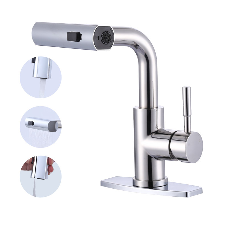 Single Handle Pull Out Kitchen Faucet With Unique 90° Swivel Sprayer Head In Three Function Modes, Polished Chrome