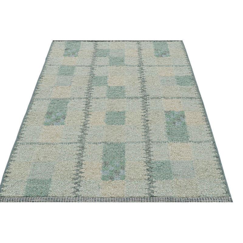 Rug & Kilim’S Scandinavian Rug In Seafoam Green And Teal Blue Geometric Patterns, Rectangle 6' x 9'