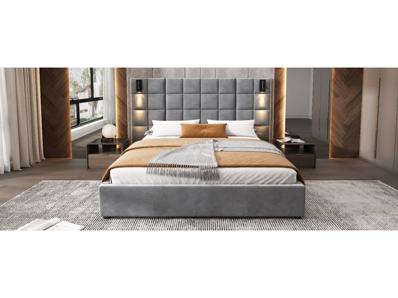 Structure de lit grand format, avec applique murale et port USB, tête de lit large, velours, gris