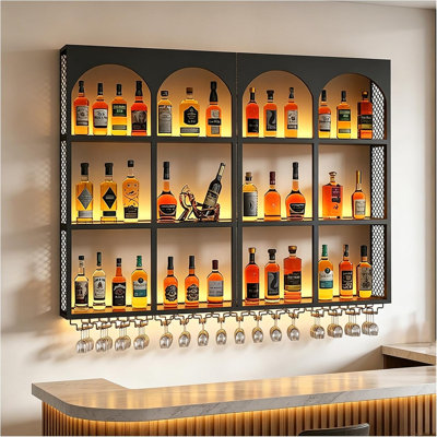 12-Grid French Arched Retro Wine Rack Wall Mounted (Black, 63in/160cm) | 3-Tier Modern LED Liquor Shelf Wall Mounted with with Glass Holder, Floating