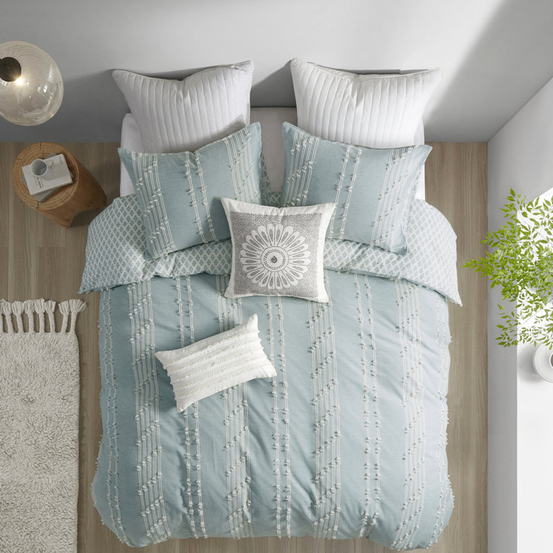 Très grand / très grand décor de chambre en coton - Motif brodé, taies décoratives assorties, ensemble de literie lavable à la machine, housse de couette réversible, 2