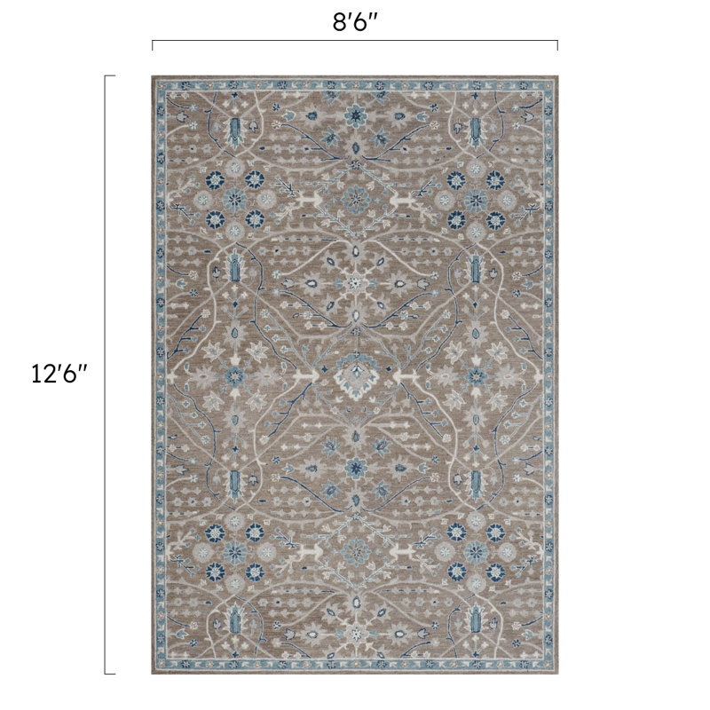 Wren Hand Tufted Wool Floral/Oriental Area Rug in Timber/Beige/Blue, Rectangle 8'6" x 12'6"