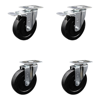 5 Inch SS Soft Rubber Wheel Top Plate Caster Set 2 Total Lock Brakes SCC
