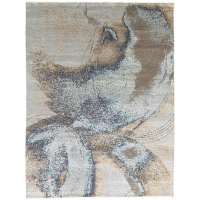 8x10 Gray Hand-Knotted Wool Blurred Floral Impression Abstract Modern Contemporary Carpet Rug