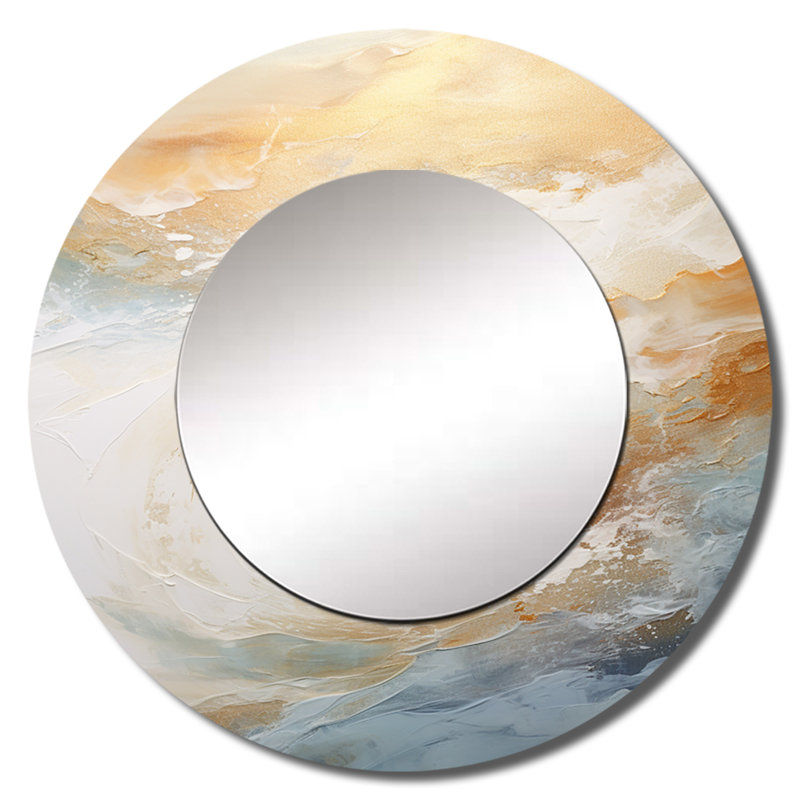 Rodrigue doré et bleu plage Tranquility III - grand miroir mural de plage, miroir décoratif rond beige, impression d'art en métal