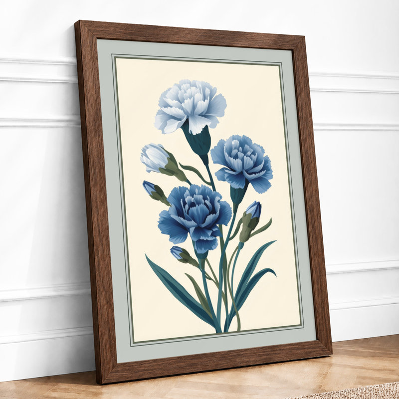 Blue Carnations Botanical - Framed Print, A4 - 29.7 x 21.0 cm, Walnut