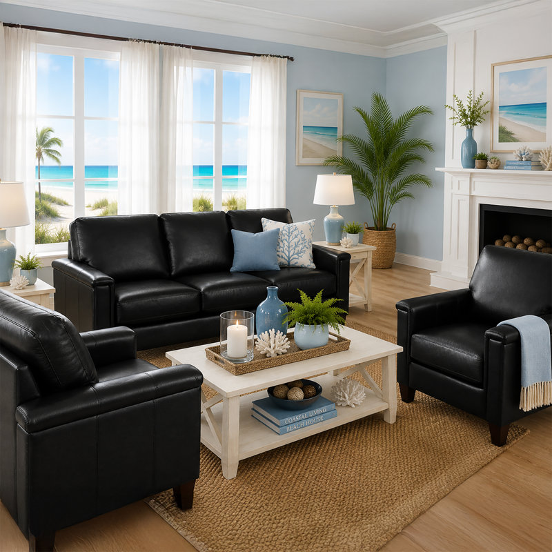 Ensemble de salon en cuir véritable Deboer, 3 Pieces: Sofa, 2 Chair, Match en cuir noir