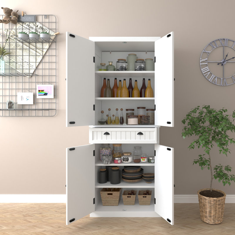 72" Kitchen Pantry  with Adjustable Shelves and a Large Drawer, White, White