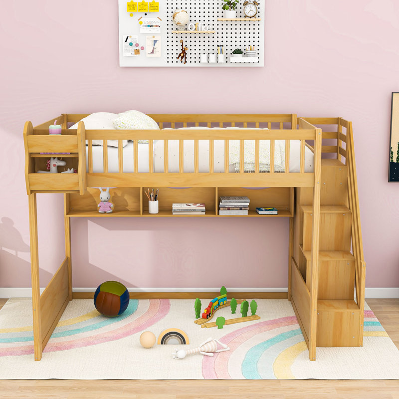 Loft Wooden Bed with Staircase and Shelves, Natural