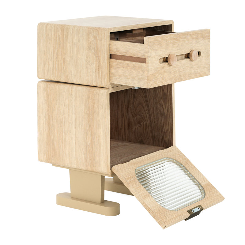 Table d'appoint rotative avec finition naturelle avec armoire en verre, tiroir pratique et base de circulation d'air pour petits espaces
