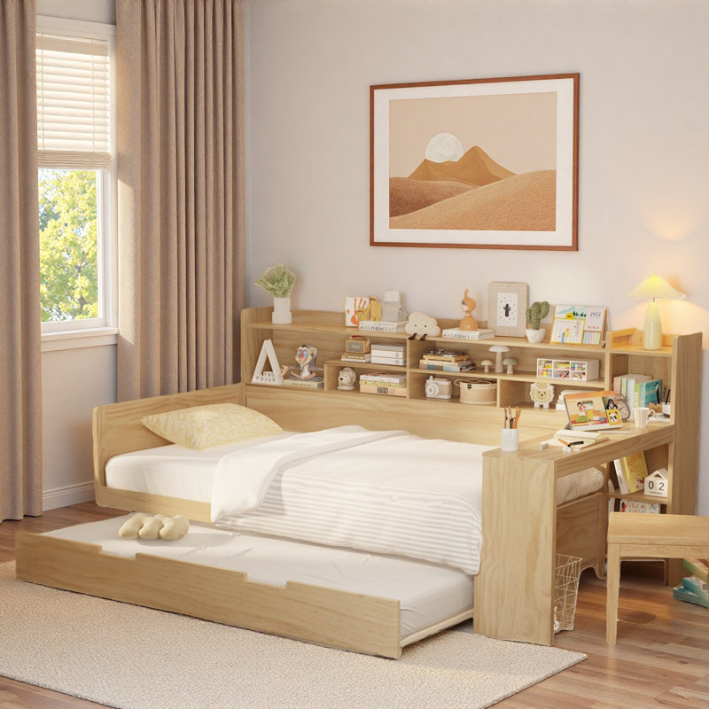 Multifunctional Wooden Daybed With Storage Shelves, Study Desk And Trundle, Natural, Twin