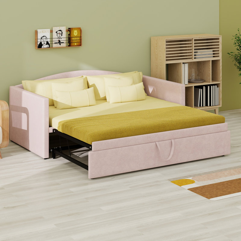 Lit de jour avec couchette escamotable allongée, canapé-lit rembourré, peu encombrant, velours, Rose