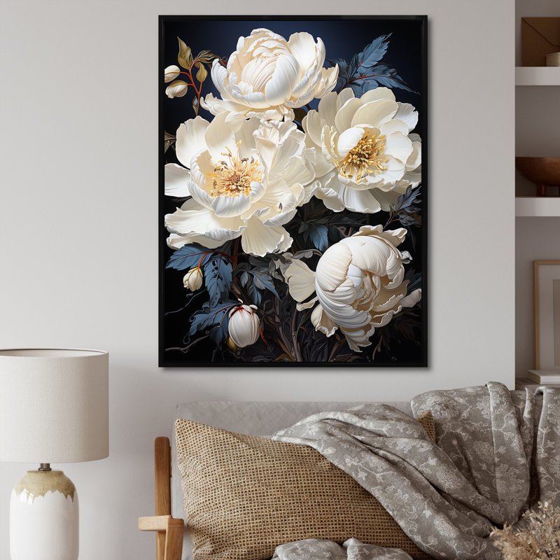 Beige Whispers Of Peony sur impression sur toile, Cadre flottant noir, H 32 po x l 24 po x P 1 po