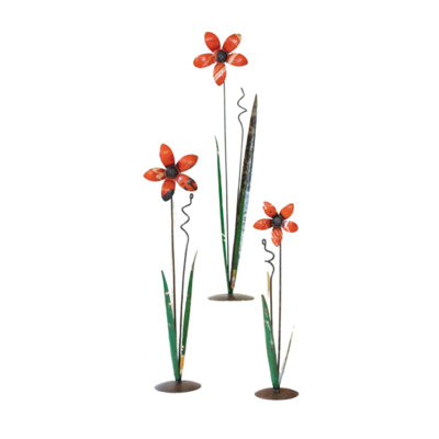  Metal Flower Sculptures 37" Tall – Recycled Iron Decorative Floral Set of 3
