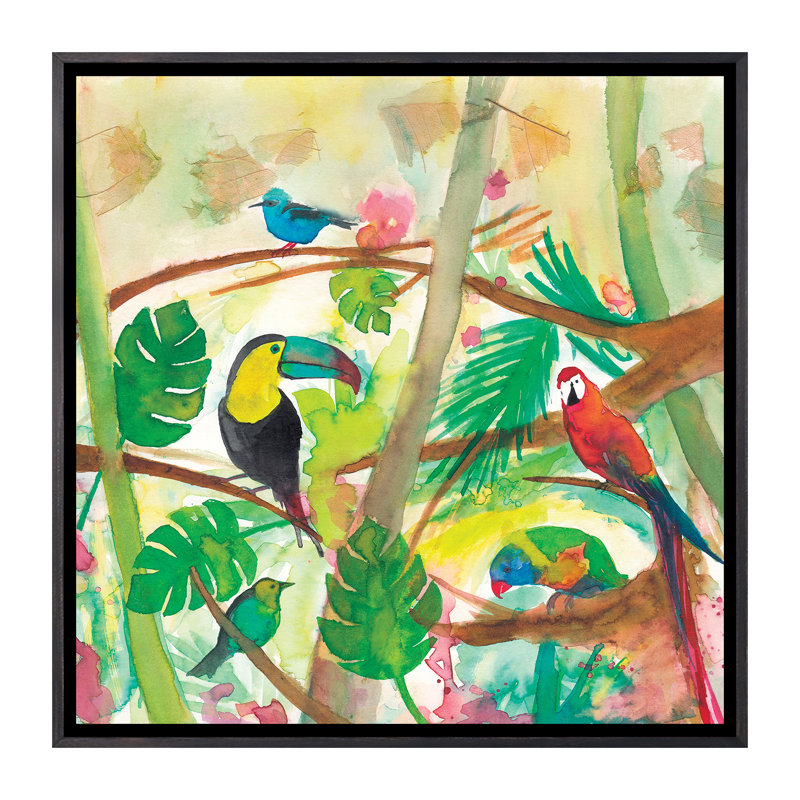 Oiseaux tropicaux - imprimé, Pas de tapis, Toile avec cadre noir patiné, H 37 po x l 37 po x P 1,5 po