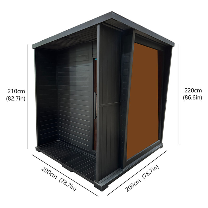 4-6 Person Outdoor Square Traditional Black Steam Sauna With Large Viewing Glass Window, Interior Canadian Red Cedar & Exterior Hemlock Wood Construction