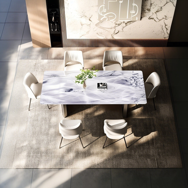 Rectangular Marble & Sintered Stone Dining Table with Double Pedestals, 29.53"H x 62"L x 35.43"W