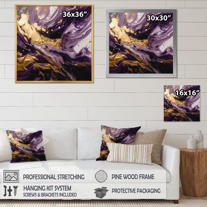 Magie liquide mauve et or I - impressions sur toile abstraites, Cadre doré à une seule photo, H 24 po x l 24 po x P 1 po