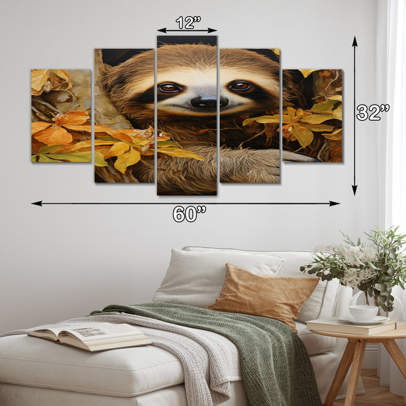 Paresseux sur branche Serenity II - décoration murale animaux - 5 panneaux