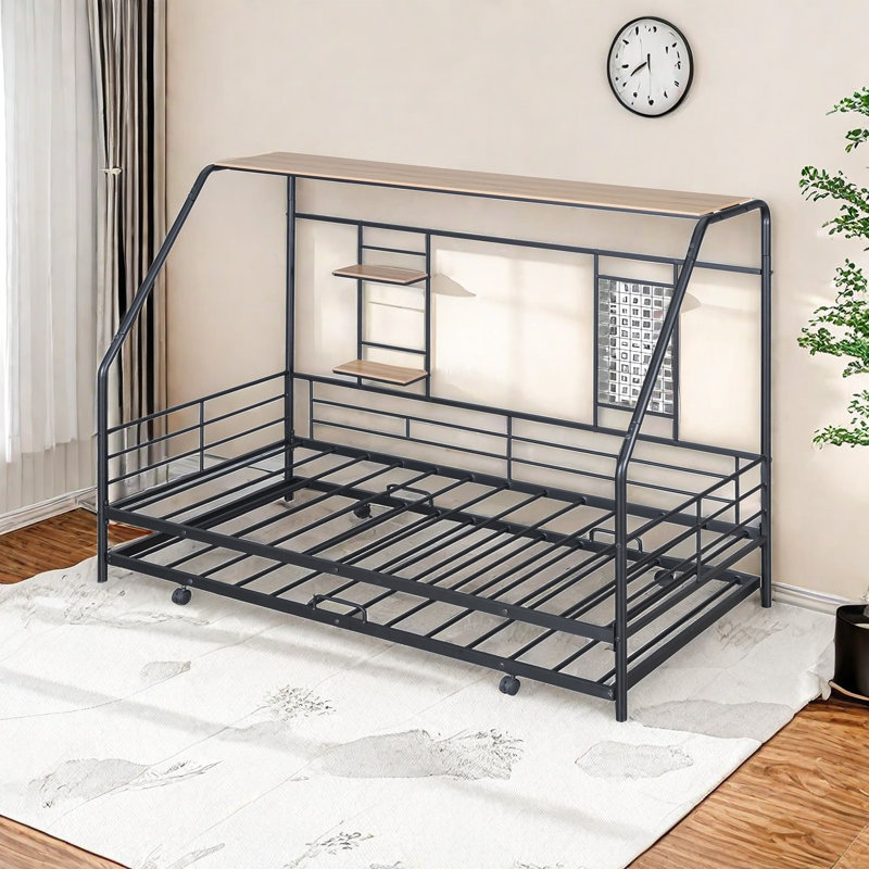 Daybed With Trundle And Shelves, Black, Full / Double