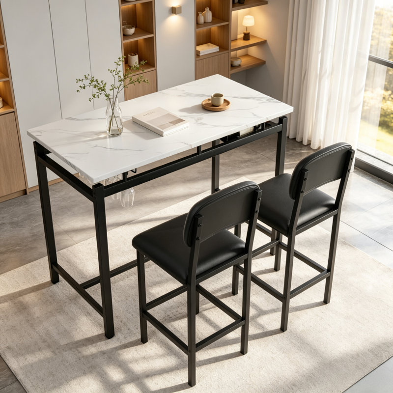 Ensemble de table et chaises de salle à manger modernes pour 2 personnes, fini en marbre, avec 2 chaises rembourrées. Parfait pour un coin repas, une salle à manger ou un bar. Style rustique noir.