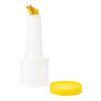 Bar Lux 1 qt Plastic Quick Pour Storage Container Bottle - with Yellow Spout and Lid - 3 1/2 inch x 3 1/2 inch x 13 inch - 1 Count Box