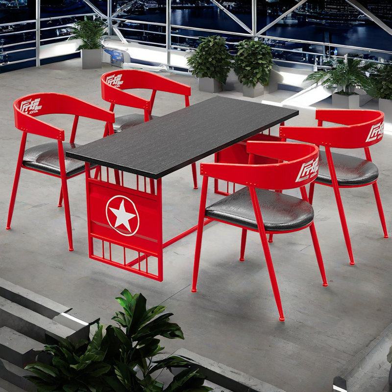 Table et chaises créatives de style industriel, 5, Plateau noir / base argent, Argent / Noir