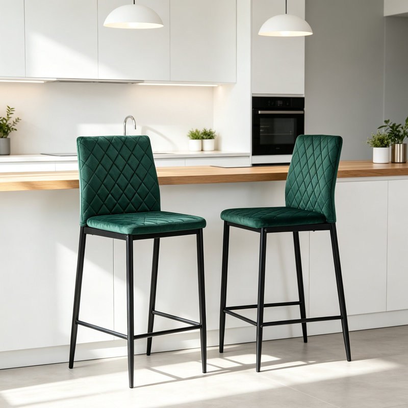 Upholstered Bar Stool with Iron Frame, Green